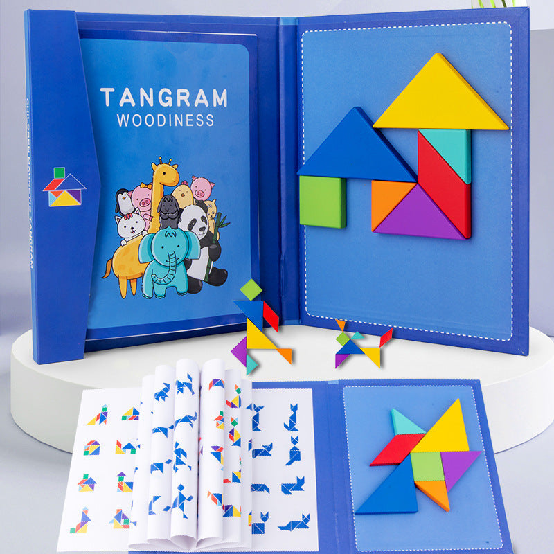 Portable Montessori Wooden Magnetic Tangram Puzzle Book Learning Toy