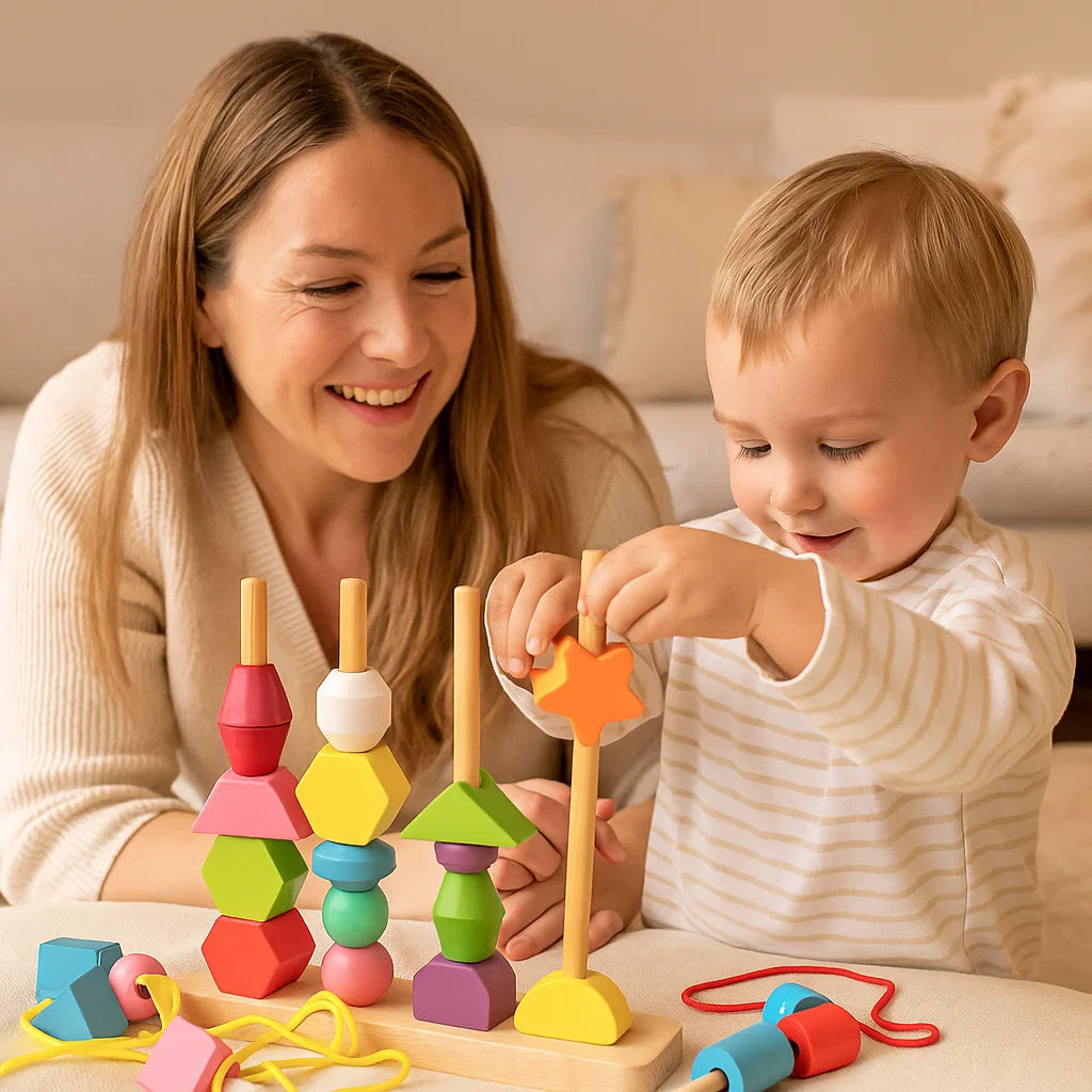 Montessori Colours and Shapes Thread Toy Made of Wood