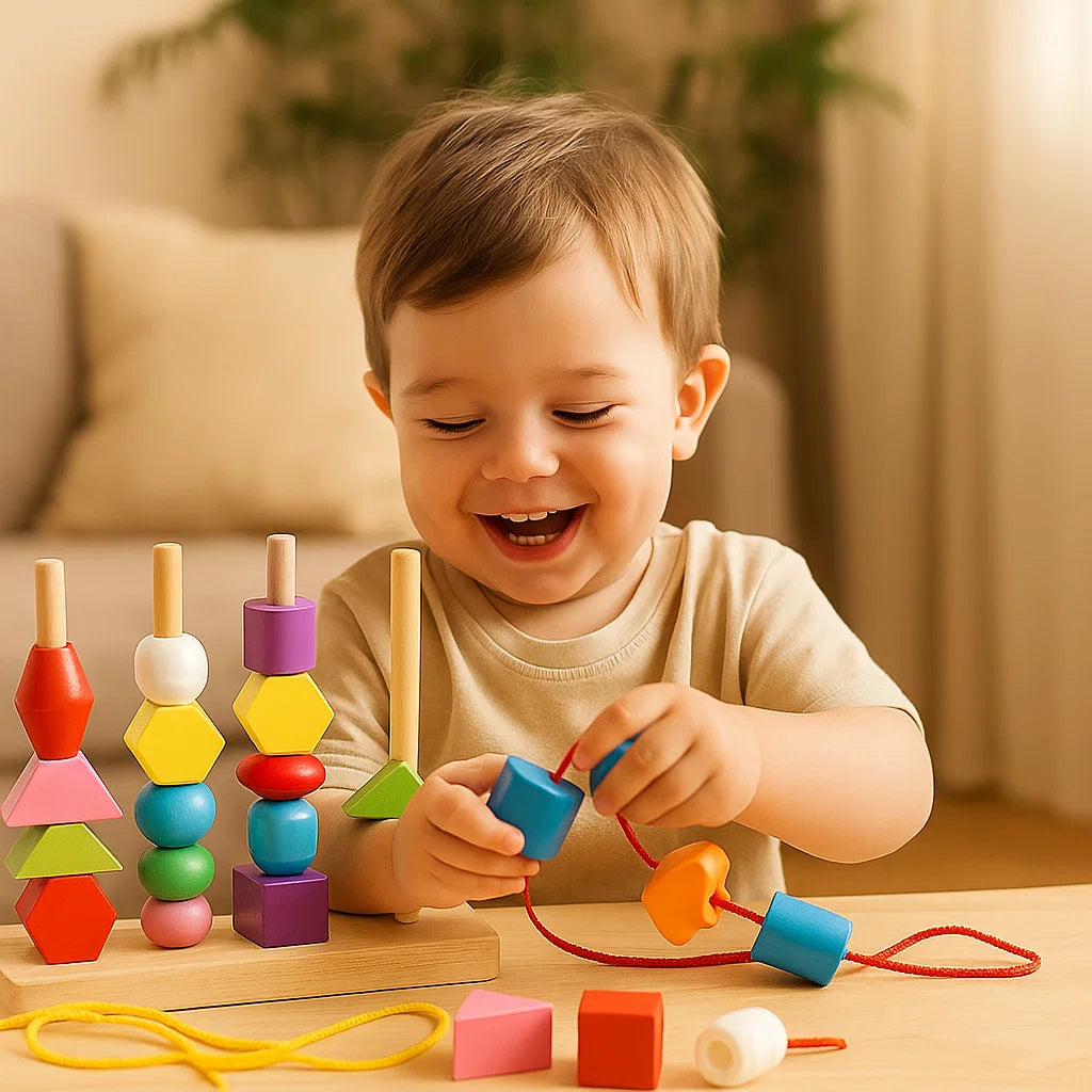 Montessori Colours and Shapes Thread Toy Made of Wood