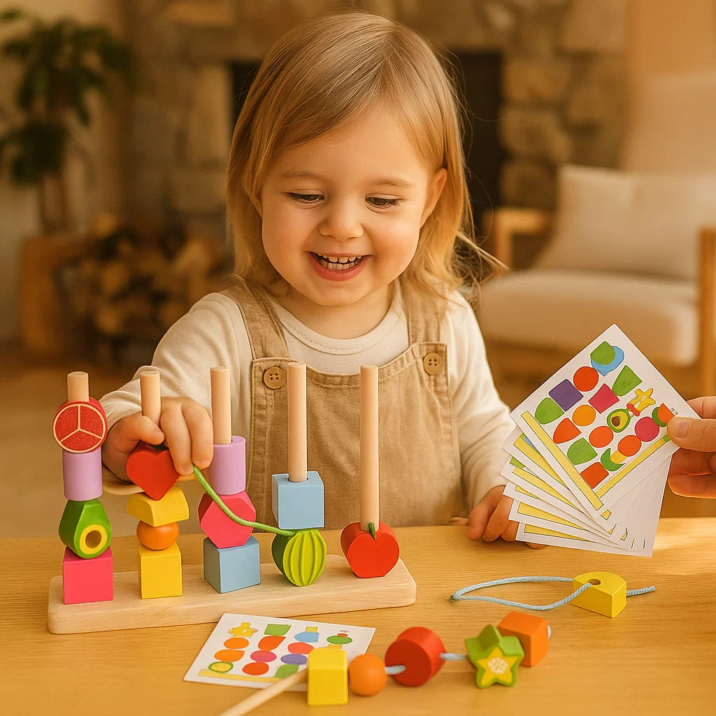 Montessori Colours and Shapes Thread Toy Made of Wood