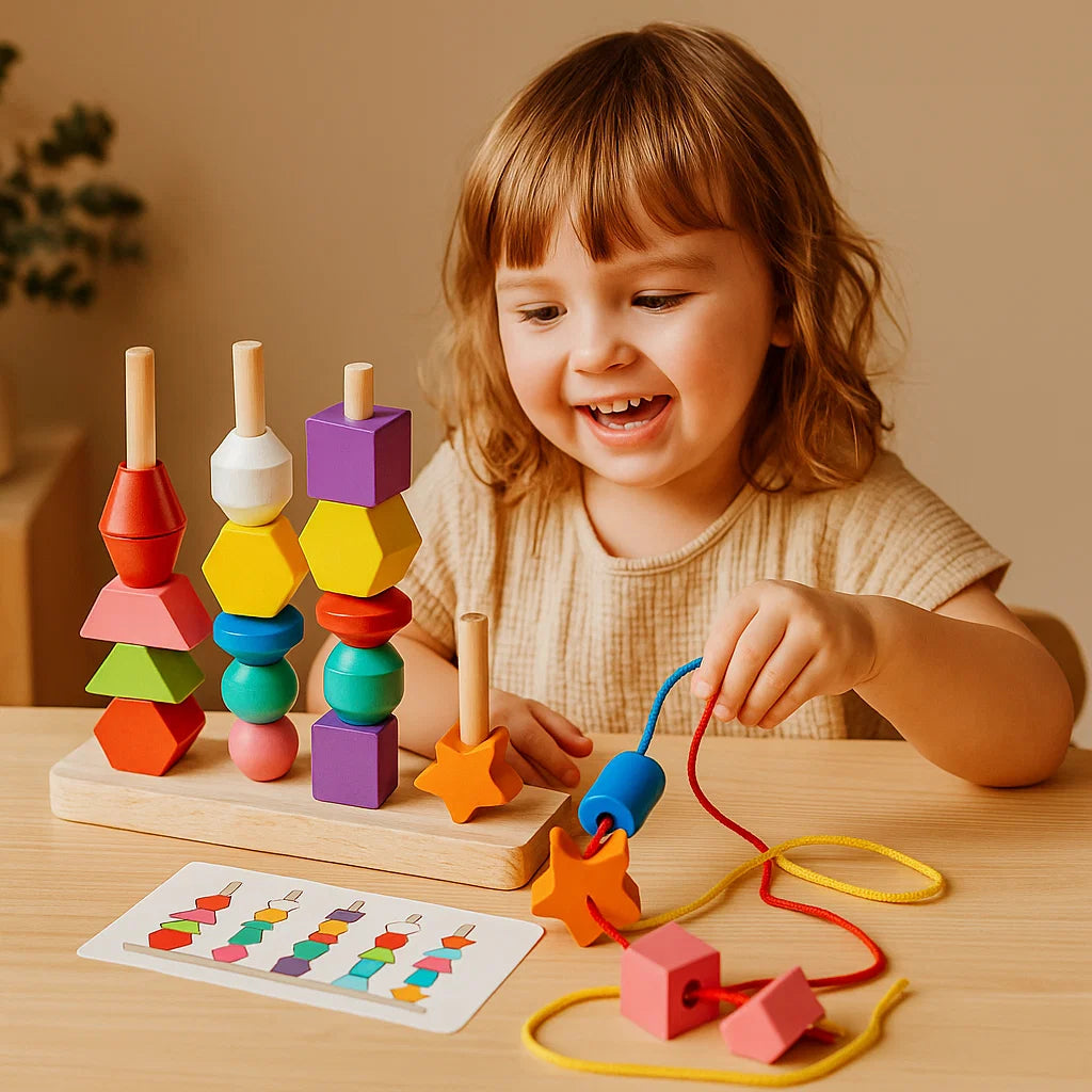 Montessori Colours and Shapes Thread Toy Made of Wood