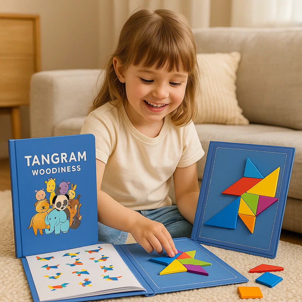 Portable Montessori Wooden Magnetic Tangram Puzzle Book Learning Toy