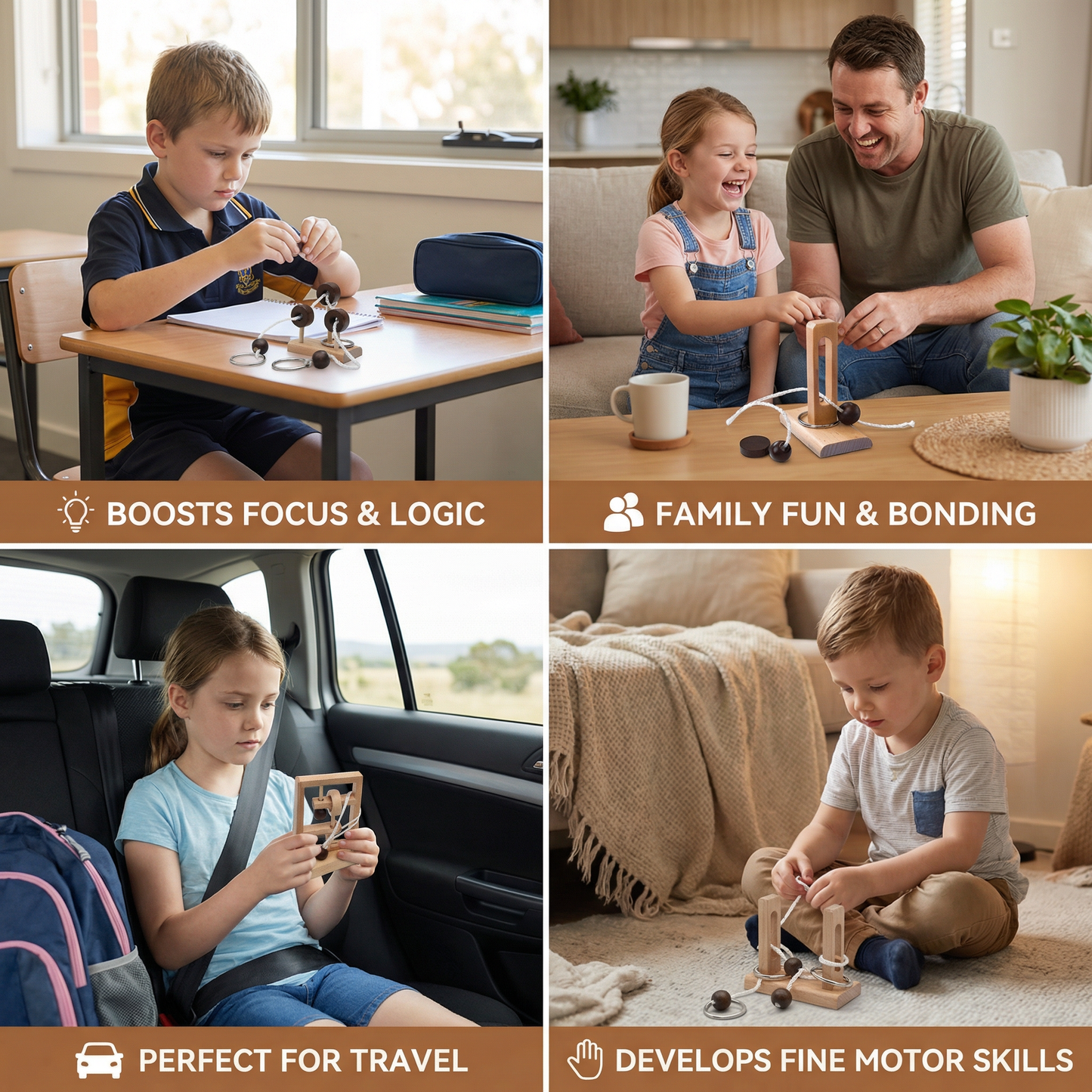 Handmade Wooden Rope Brain Teaser – Logic Puzzle Game for the Whole Family