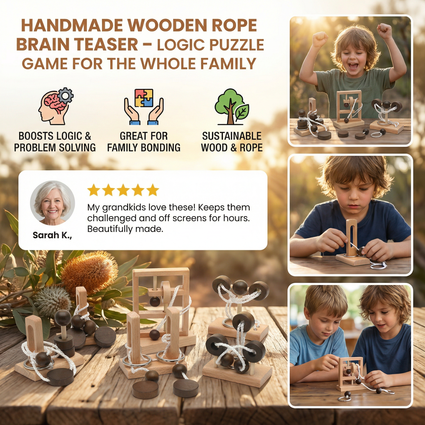 Handmade Wooden Rope Brain Teaser – Logic Puzzle Game for the Whole Family