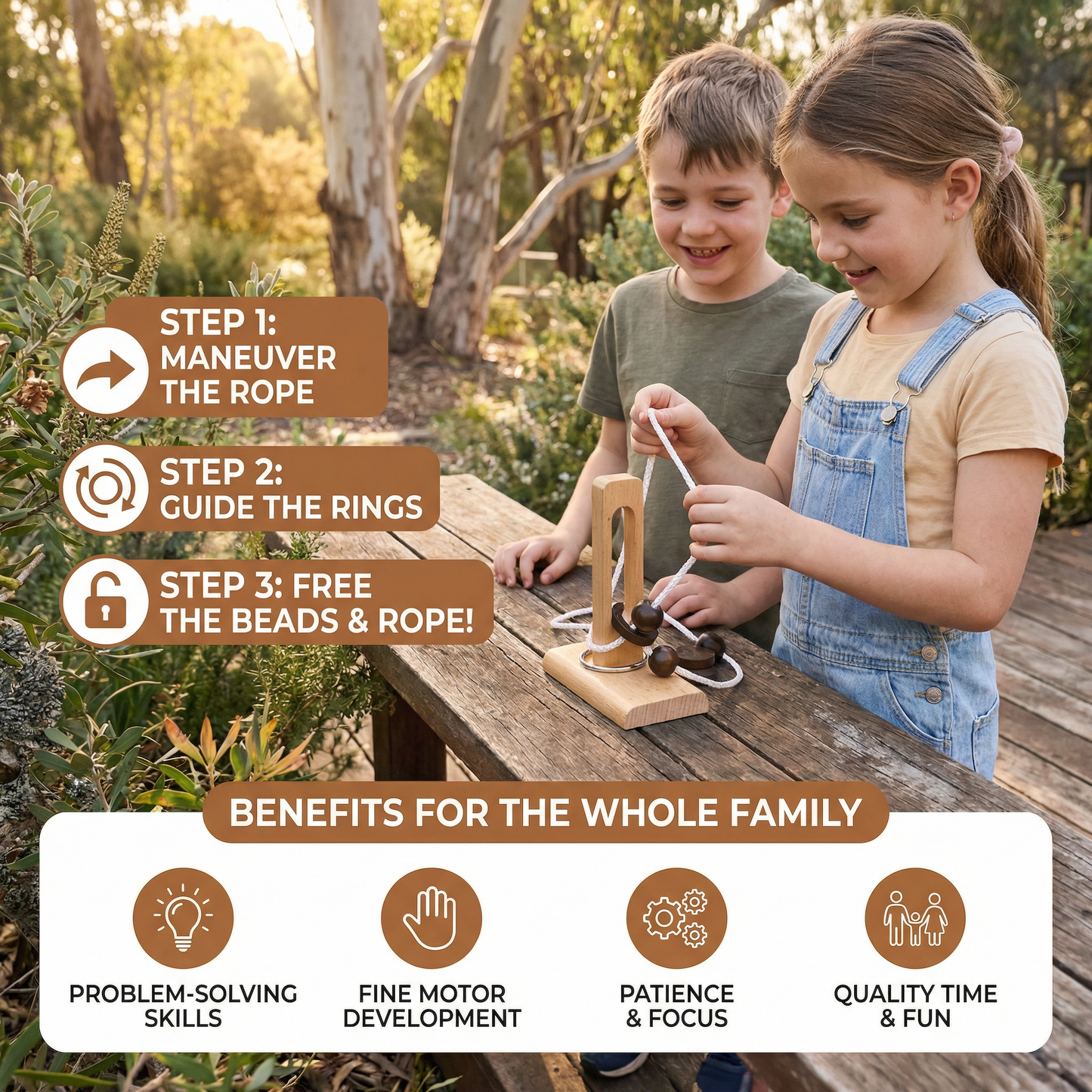 Handmade Wooden Rope Brain Teaser – Logic Puzzle Game for the Whole Family