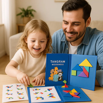 Portable Montessori Wooden Magnetic Tangram Puzzle Book Learning Toy