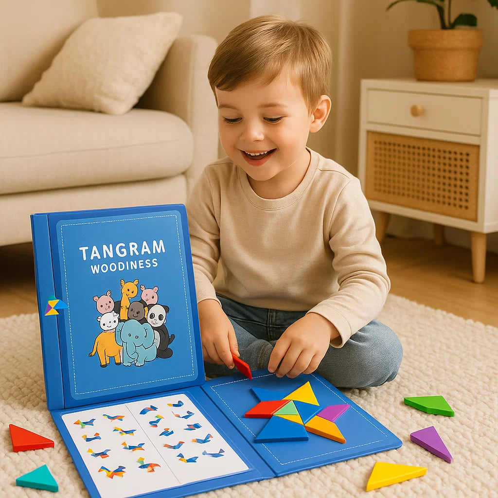Portable Montessori Wooden Magnetic Tangram Puzzle Book Learning Toy