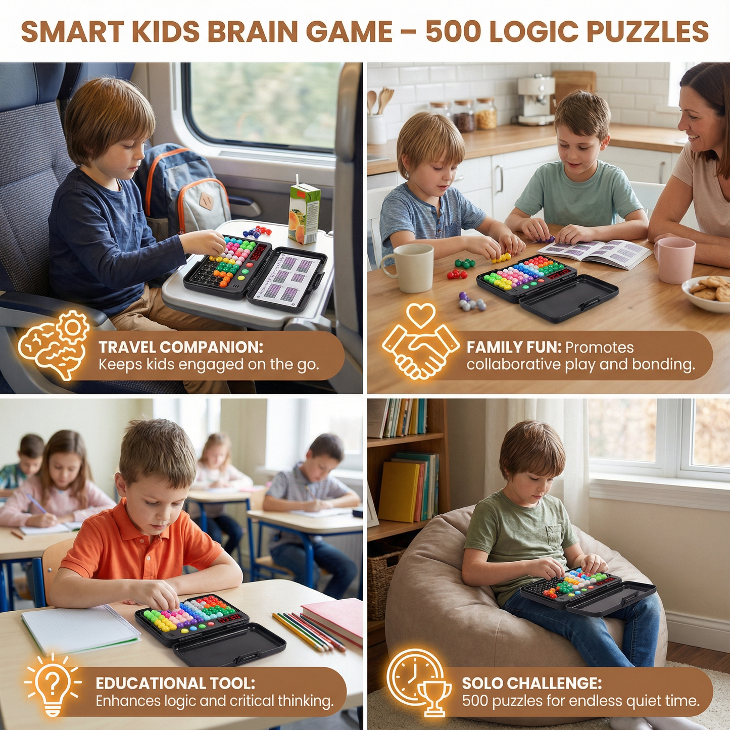 Smart Kids Brain Game – 500 Logic Puzzles with Timer