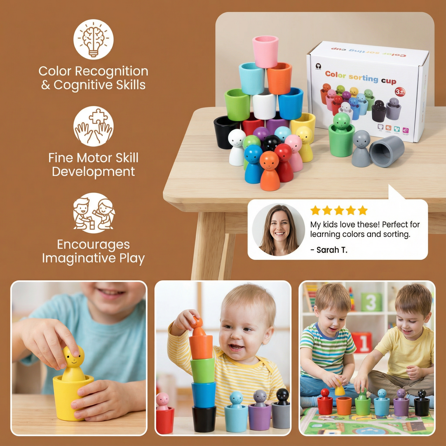 Montessori Wooden Colour Sorting Cup Game