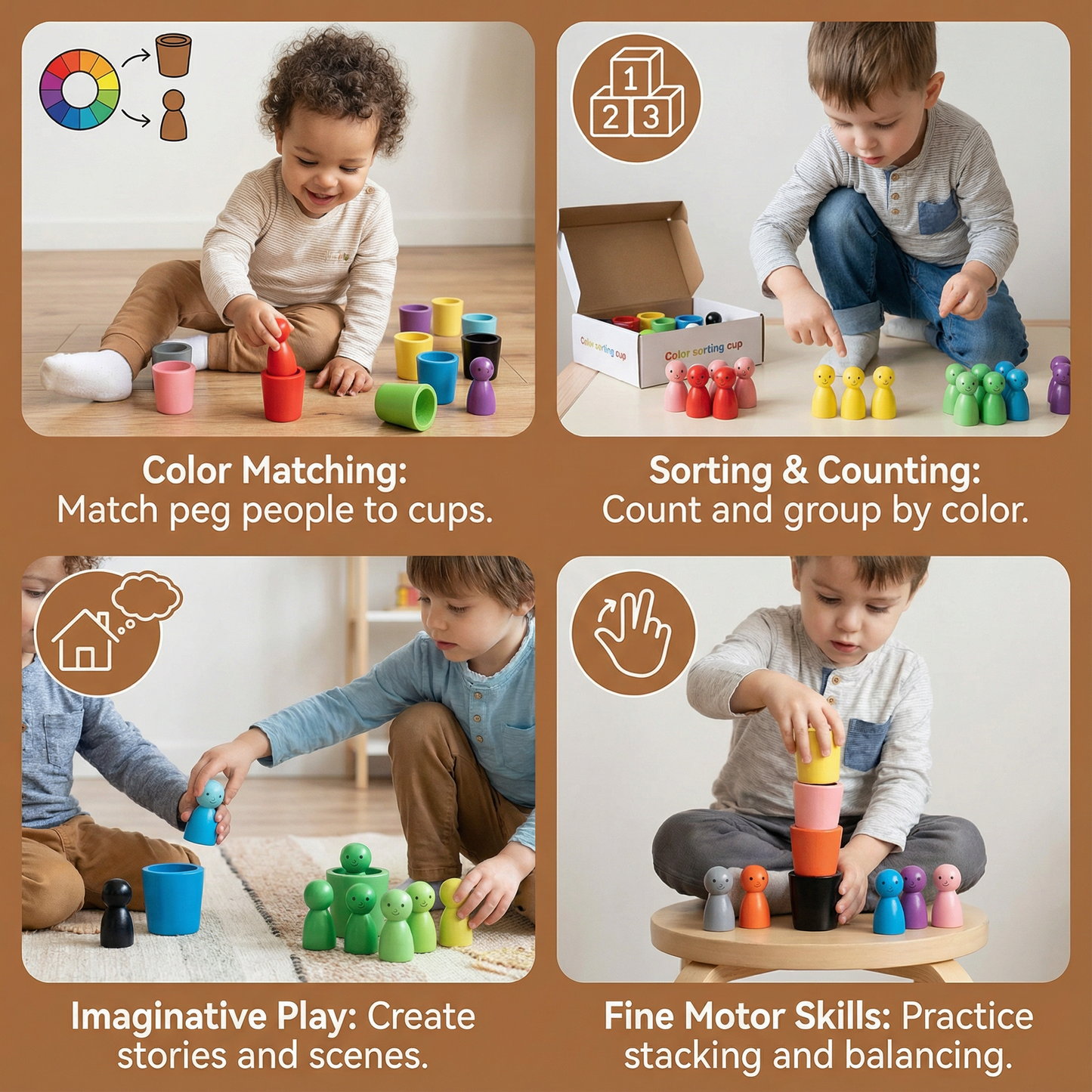 Montessori Wooden Colour Sorting Cup Game
